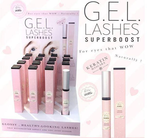 Display for G.E.L. Lashes Keratin Mascara with space for 16 units.